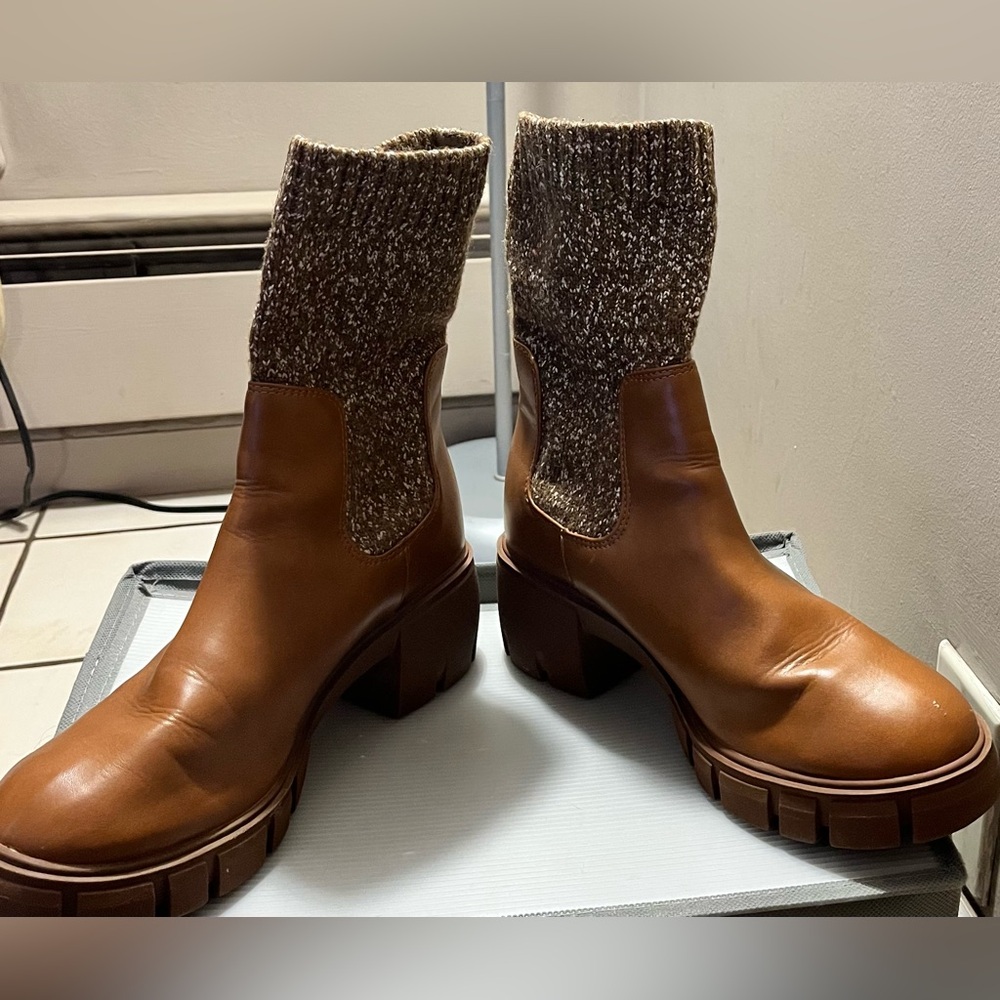 Brown Leather Ankle Boots with Knit Cuff, size 8